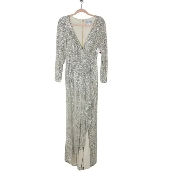 FLAWED - Mac Duggal Sequin Wrap Evening Gown Silver 8 #8490 - Picture 4 of 13
